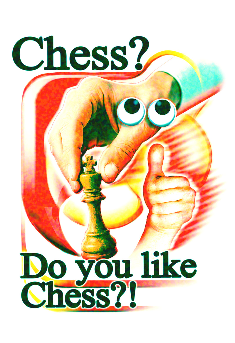 Cartoon character holding a chess piece with text asking 'Chess? Do you like Chess?'