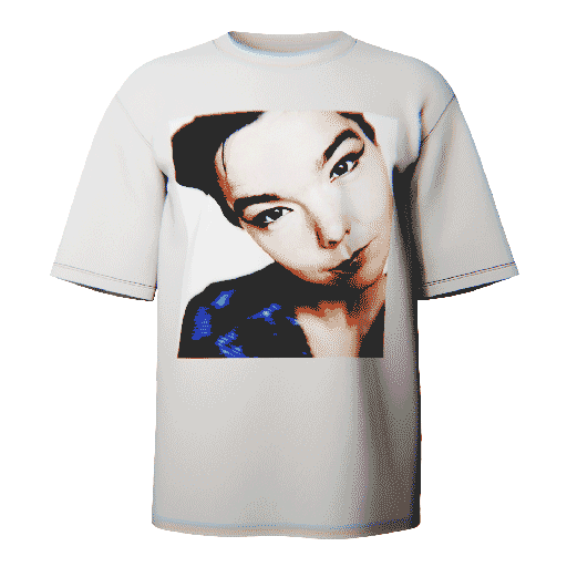 3D animated Bjork Close Up T-shirt in white featuring a striking close-up portrait of Bjork, crafted from ultra-soft Comfort Colors 100% ringspun cotton for breathable comfort and a relaxed fit, designed and printed in the USA.