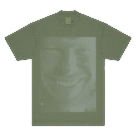 Aphex Twin monochromatic army green t-shirt featuring iconic face print, crafted with LA Apparel 100% cotton