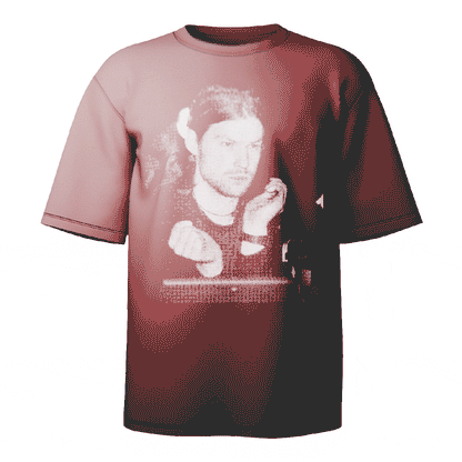 Aphex Twin Portrait T-shirt in red featuring a bold, stylized portrait of Richard D. James, crafted from ultra-soft Comfort Colors 100% ringspun cotton for breathable comfort and a relaxed fit, designed and printed in the USA.
