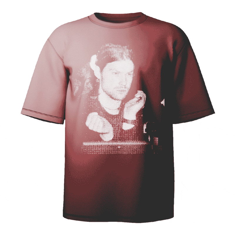 Aphex Twin Portrait T-shirt in red featuring a bold, stylized portrait of Richard D. James, crafted from ultra-soft Comfort Colors 100% ringspun cotton for breathable comfort and a relaxed fit, designed and printed in the USA.