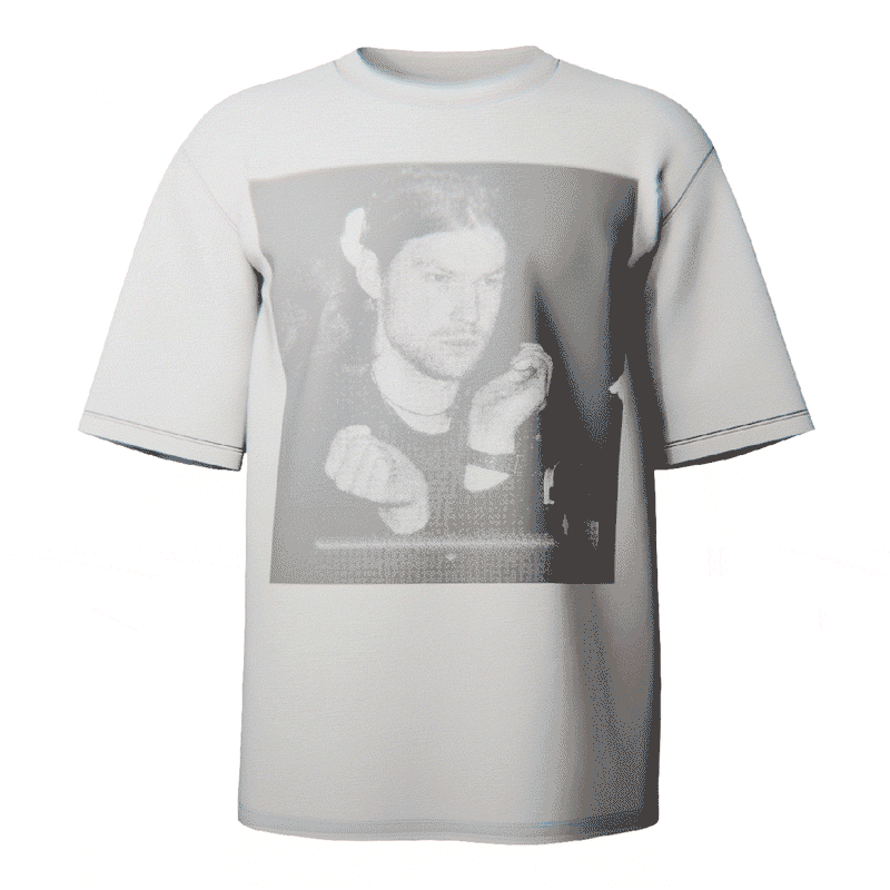 Aphex Twin Portrait T-shirt in white featuring a bold, stylized portrait of Richard D. James, crafted from ultra-soft Comfort Colors 100% ringspun cotton for breathable comfort and a relaxed fit, designed and printed in the USA.