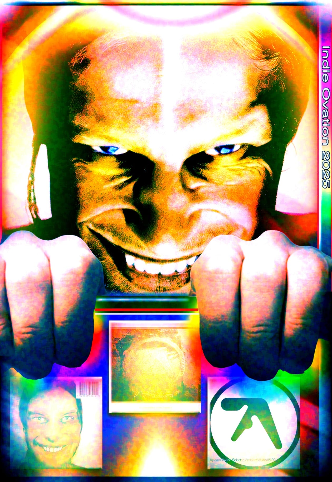 Hyper-saturated Aphex Twin poster featuring a menacing close-up face with glowing blue eyes and fists in the foreground, framed by radiant rainbow light and a triptych of iconic album imagery, styled in a chaotic web-maximalist aesthetic.