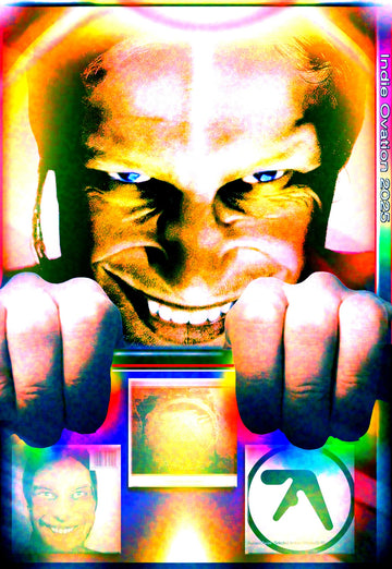 Hyper-saturated Aphex Twin poster featuring a menacing close-up face with glowing blue eyes and fists in the foreground, framed by radiant rainbow light and a triptych of iconic album imagery, styled in a chaotic web-maximalist aesthetic.