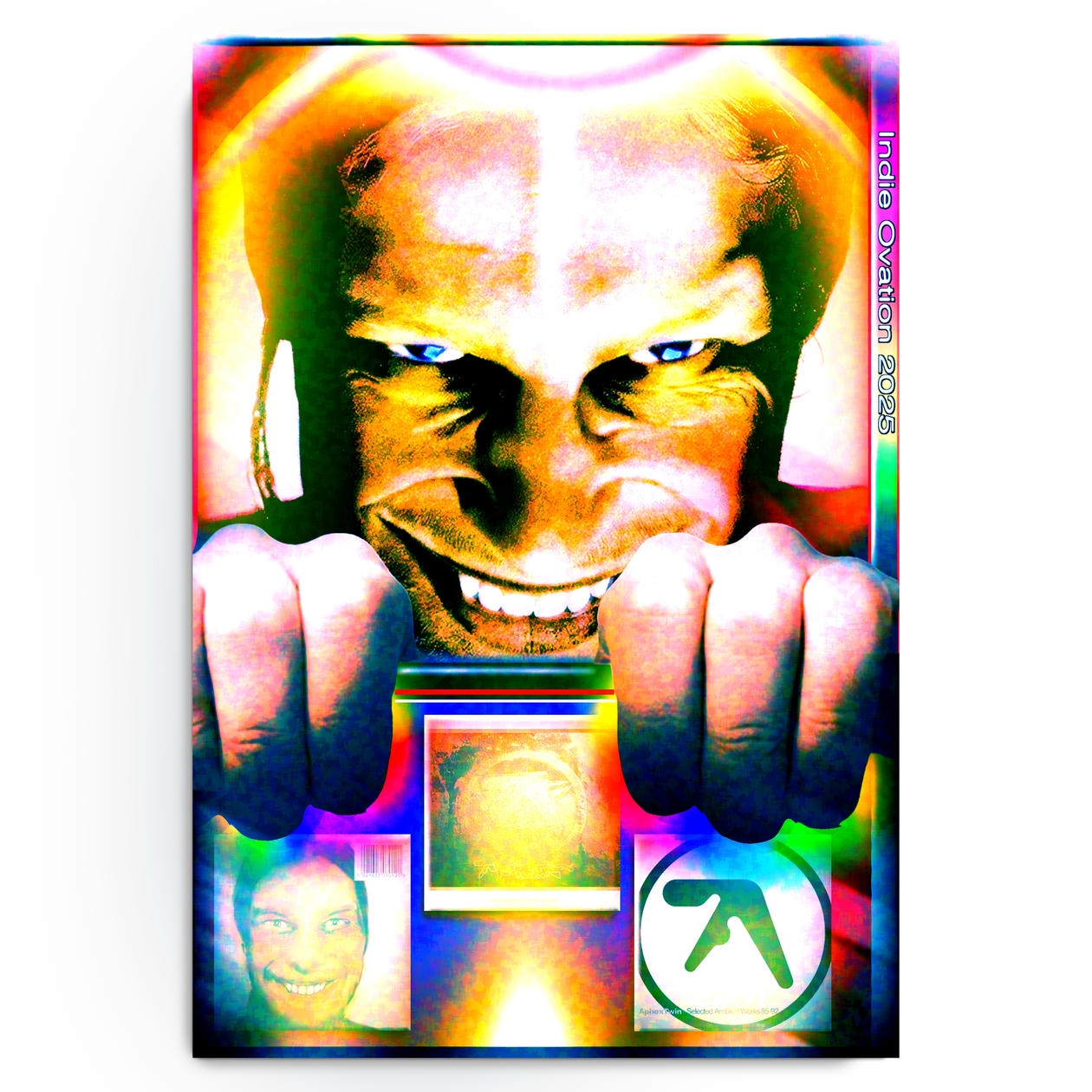 Hyper-saturated Aphex Twin poster featuring a menacing close-up face with glowing blue eyes and fists in the foreground, framed by radiant rainbow light and a triptych of iconic album imagery, styled in a chaotic web-maximalist aesthetic.