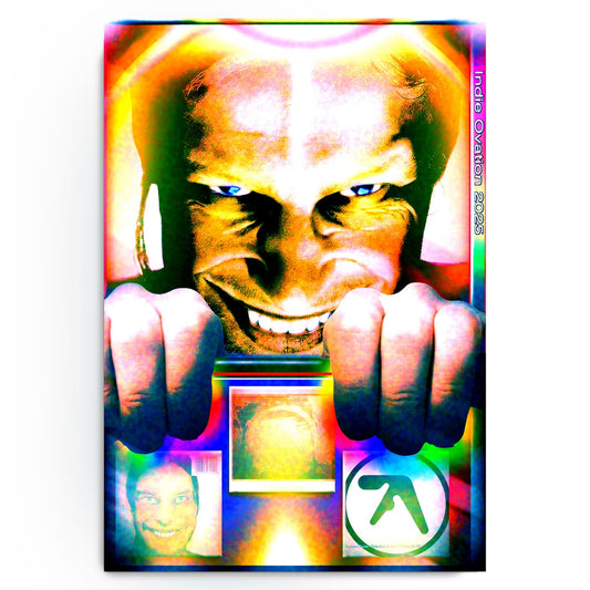 Hyper-saturated Aphex Twin poster featuring a menacing close-up face with glowing blue eyes and fists in the foreground, framed by radiant rainbow light and a triptych of iconic album imagery, styled in a chaotic web-maximalist aesthetic.