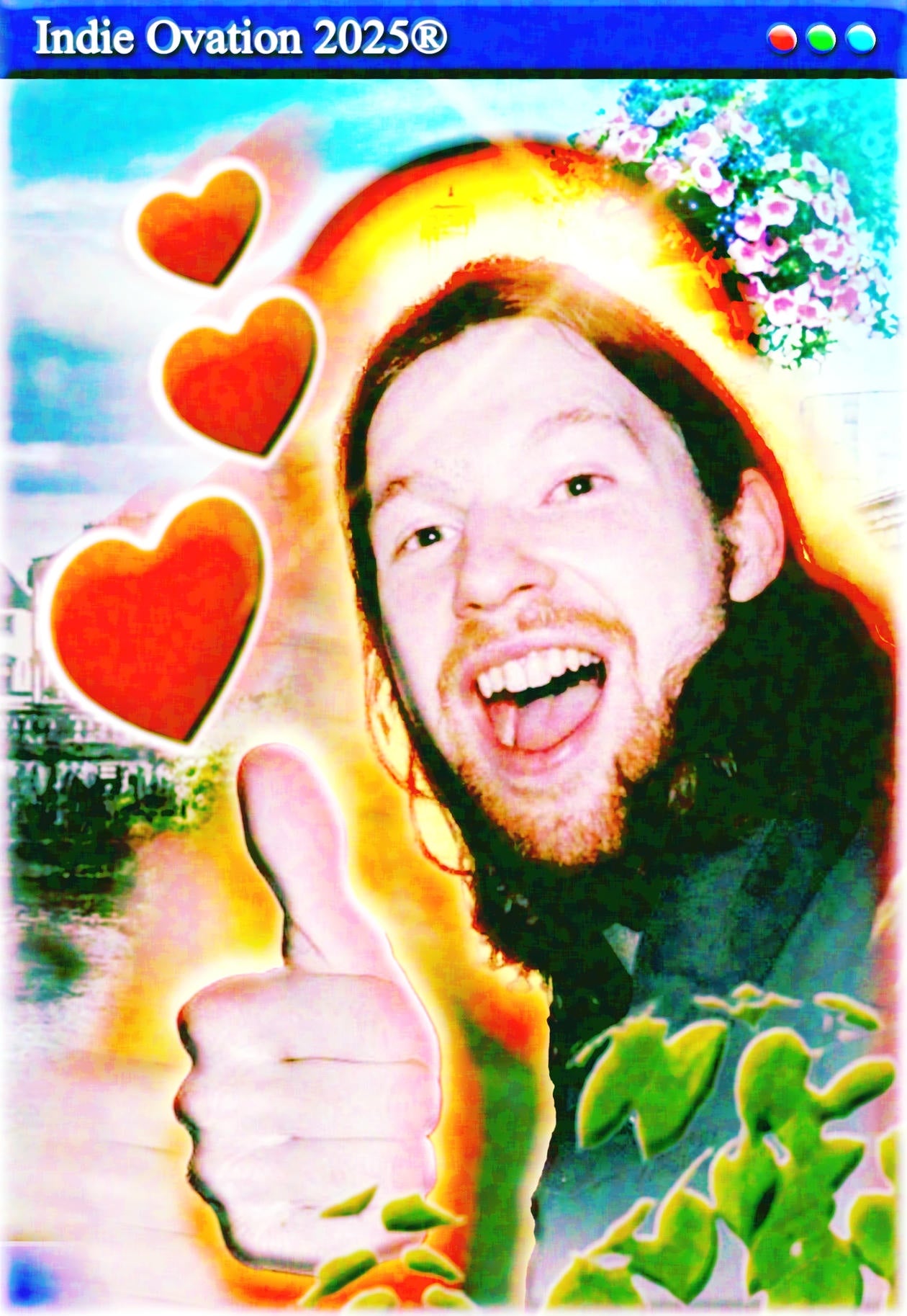 A vibrant, Aphex-inspired glow-core poster featuring neon halos, Y2K hearts, dreamy bloom effects, and IDM-coded surrealism. A joyful digital relic from Indie Ovation 2025®.