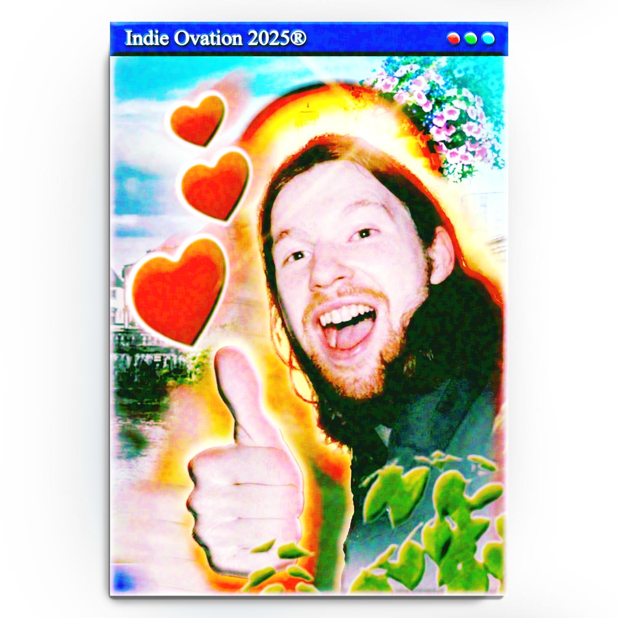 A vibrant, Aphex-inspired glow-core poster featuring neon halos, Y2K hearts, dreamy bloom effects, and IDM-coded surrealism. A joyful digital relic from Indie Ovation 2025®.