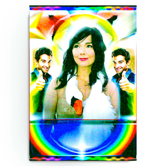 Björk Swan Signal Halo poster featuring Björk in her iconic swan dress surrounded by radiant rainbow halos, mirrored figures, and glowing digital textures in a vibrant webcore, maximalist aesthetic by Indie Ovation.