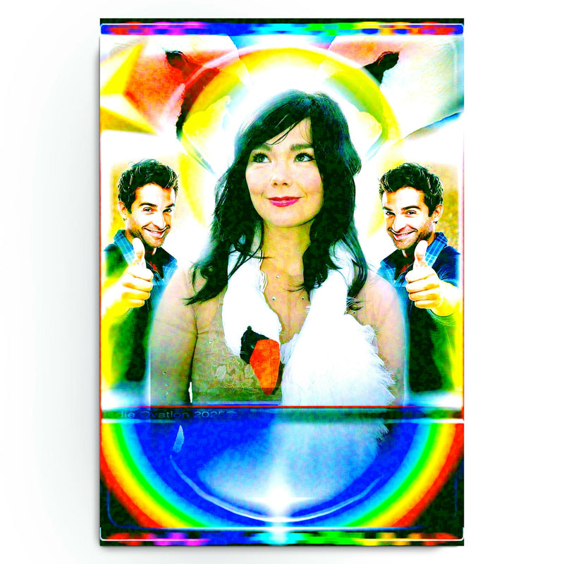 Björk Swan Signal Halo poster featuring Björk in her iconic swan dress surrounded by radiant rainbow halos, mirrored figures, and glowing digital textures in a vibrant webcore, maximalist aesthetic by Indie Ovation.