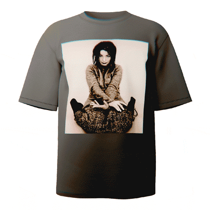Bjork "Debut" Portrait T-shirt in black featuring a stylized portrait from the iconic Debut album photoshoot, crafted from ultra-soft Comfort Colors 100% ringspun cotton for breathable comfort and a relaxed fit, designed and printed in the USA.