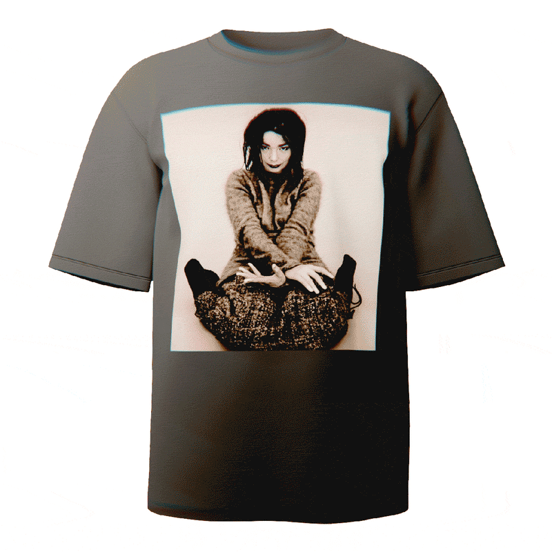 Bjork "Debut" Portrait T-shirt in black featuring a stylized portrait from the iconic Debut album photoshoot, crafted from ultra-soft Comfort Colors 100% ringspun cotton for breathable comfort and a relaxed fit, designed and printed in the USA.