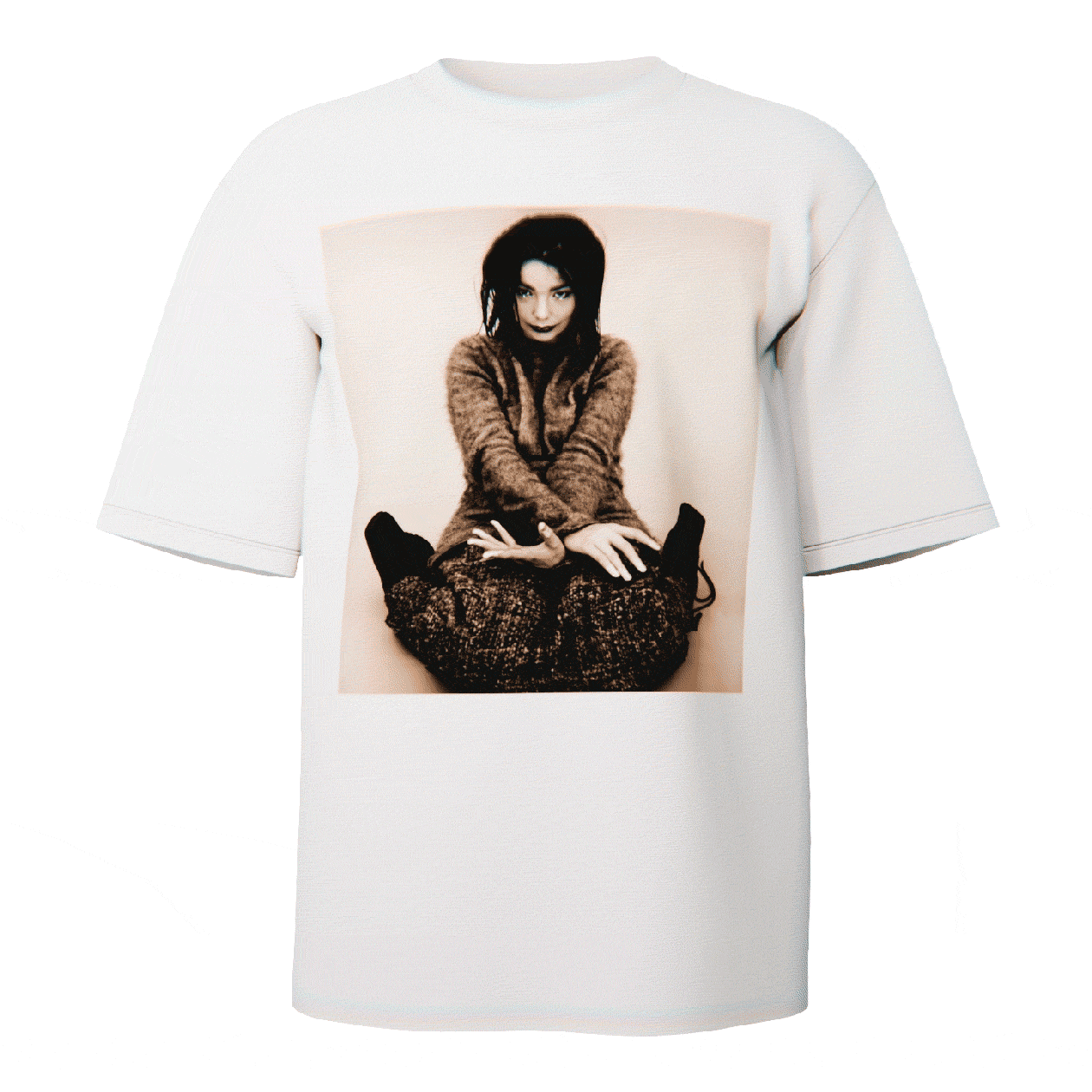 Bjork "Debut" Portrait T-shirt in white featuring a stylized portrait from the iconic Debut album photoshoot, crafted from ultra-soft Comfort Colors 100% ringspun cotton for breathable comfort and a relaxed fit, designed and printed in the USA.