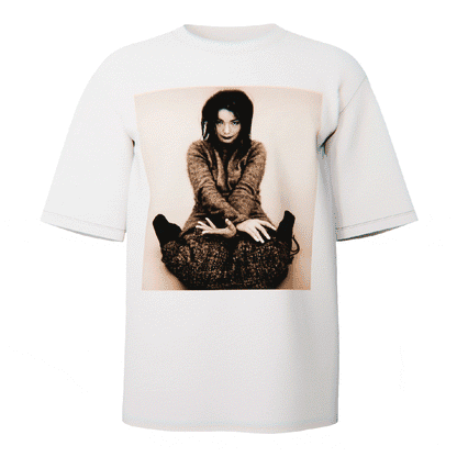 Bjork "Debut" Portrait T-shirt in white featuring a stylized portrait from the iconic Debut album photoshoot, crafted from ultra-soft Comfort Colors 100% ringspun cotton for breathable comfort and a relaxed fit, designed and printed in the USA.