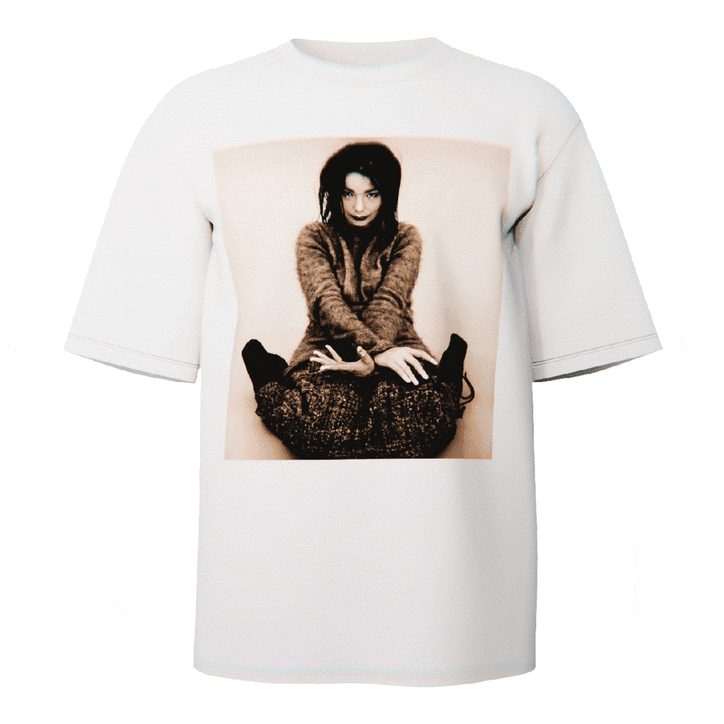 Bjork "Debut" Portrait T-shirt in white featuring a stylized portrait from the iconic Debut album photoshoot, crafted from ultra-soft Comfort Colors 100% ringspun cotton for breathable comfort and a relaxed fit, designed and printed in the USA.