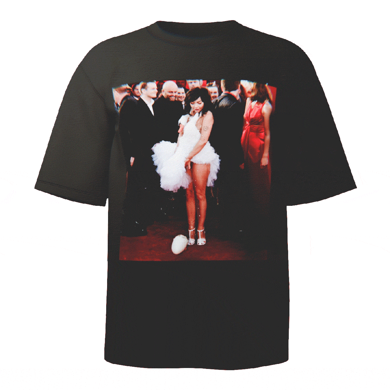 Bjork Goose Dress Portrait T-shirt in black featuring a stylized portrait of Bjork in her infamous goose dress, crafted from ultra-soft Comfort Colors 100% ringspun cotton for breathable comfort and a relaxed fit, designed and printed in the USA.
