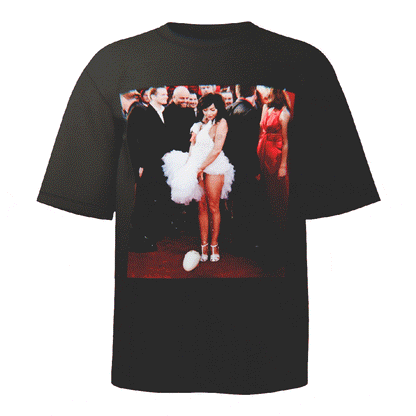 Bjork Goose Dress Portrait T-shirt in black featuring a stylized portrait of Bjork in her infamous goose dress, crafted from ultra-soft Comfort Colors 100% ringspun cotton for breathable comfort and a relaxed fit, designed and printed in the USA.