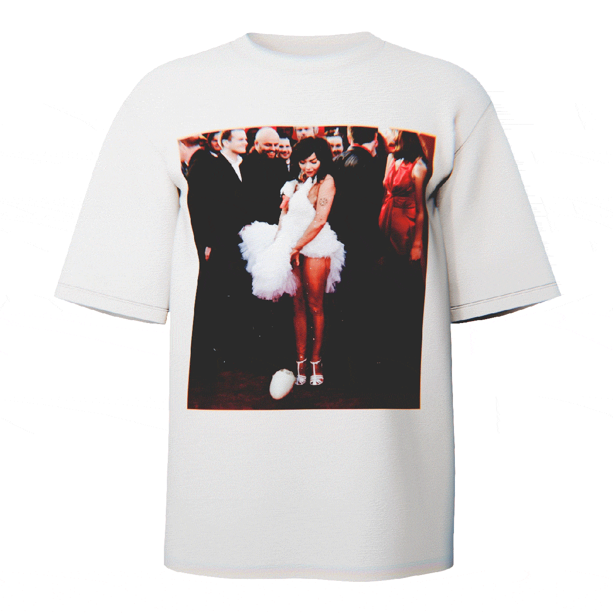 Bjork Goose Dress Portrait T-shirt in white featuring a stylized portrait of Bjork in her infamous goose dress, crafted from ultra-soft Comfort Colors 100% ringspun cotton for breathable comfort and a relaxed fit, designed and printed in the USA.