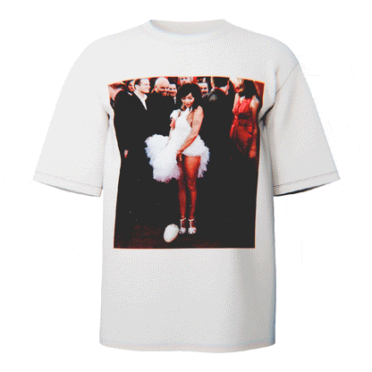 Bjork Goose Dress Portrait T-shirt in white featuring a stylized portrait of Bjork in her infamous goose dress, crafted from ultra-soft Comfort Colors 100% ringspun cotton for breathable comfort and a relaxed fit, designed and printed in the USA.