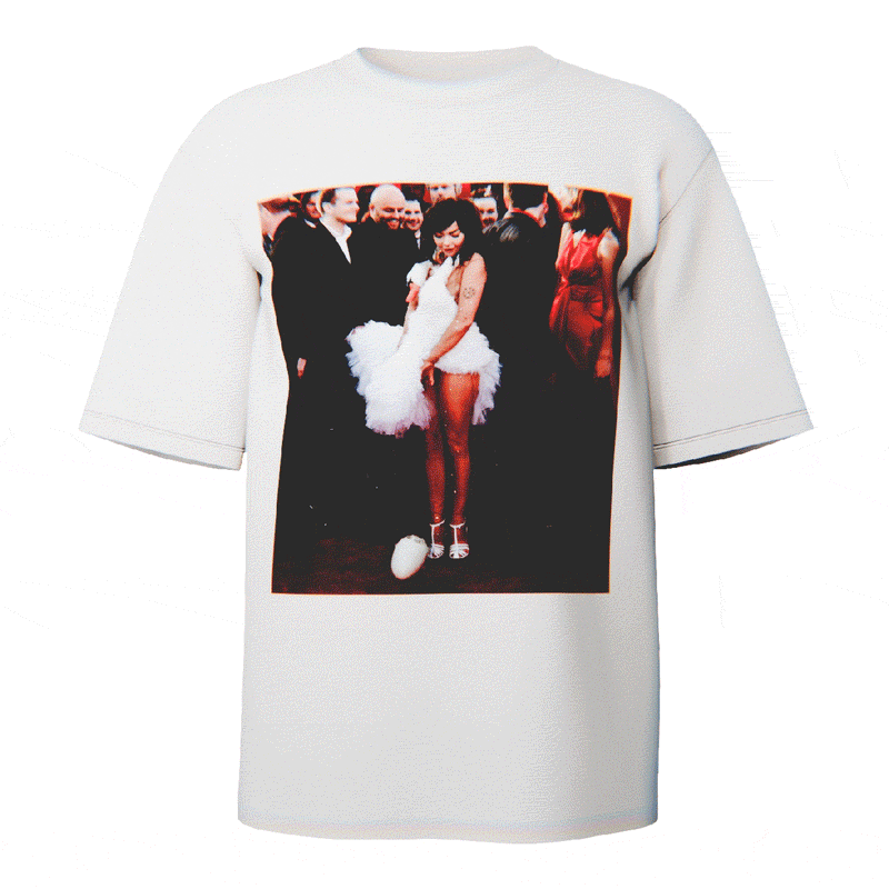 Bjork Goose Dress Portrait T-shirt in white featuring a stylized portrait of Bjork in her infamous goose dress, crafted from ultra-soft Comfort Colors 100% ringspun cotton for breathable comfort and a relaxed fit, designed and printed in the USA.