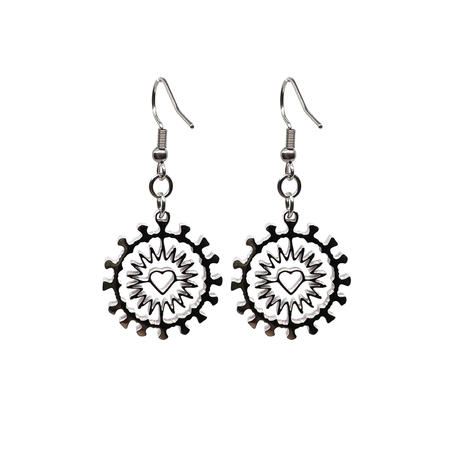 Close-up of Indie Ovation Corona Heart earrings in stainless steel, 1-inch geometric heart and corona design