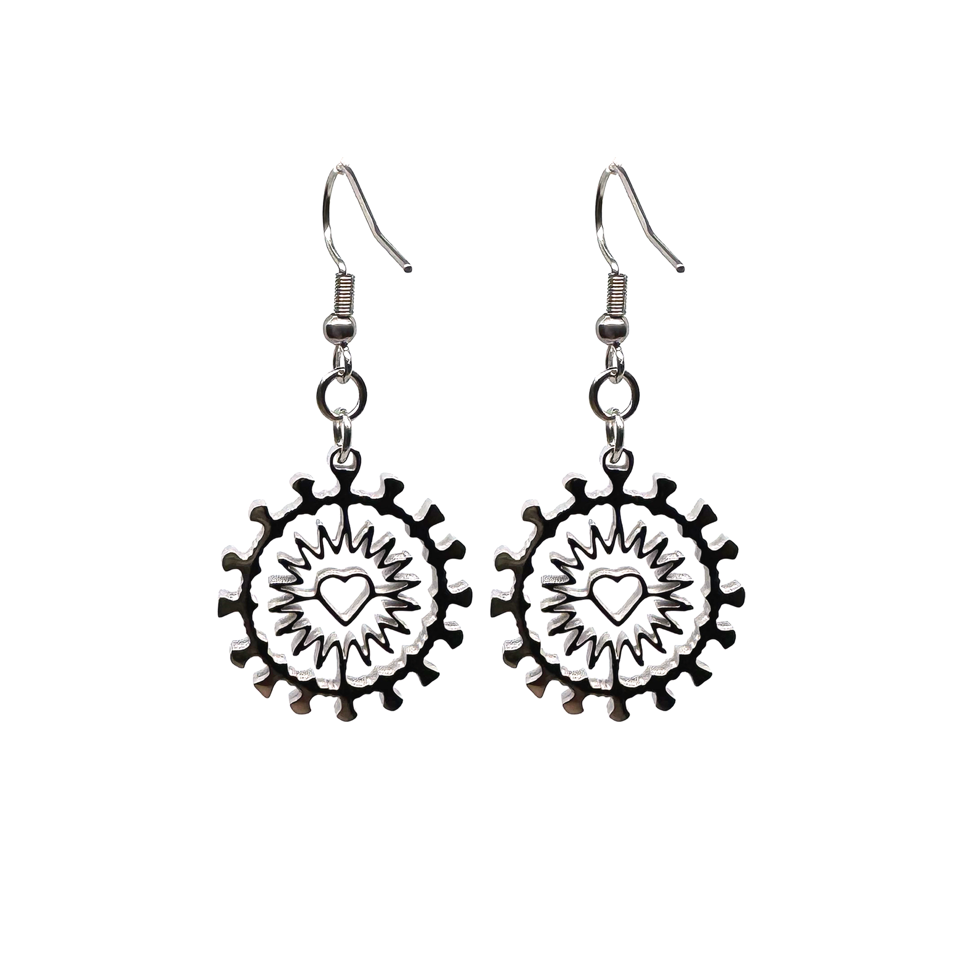 Close-up of Indie Ovation Corona Heart earrings in stainless steel, 1-inch geometric heart and corona design