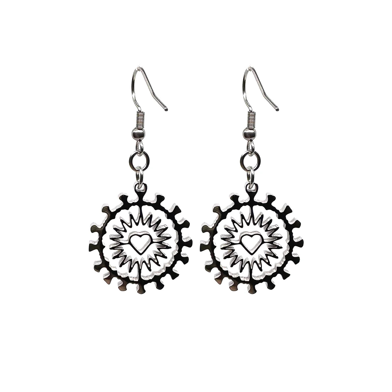 Close-up of Indie Ovation Corona Heart earrings in stainless steel, 1-inch geometric heart and corona design