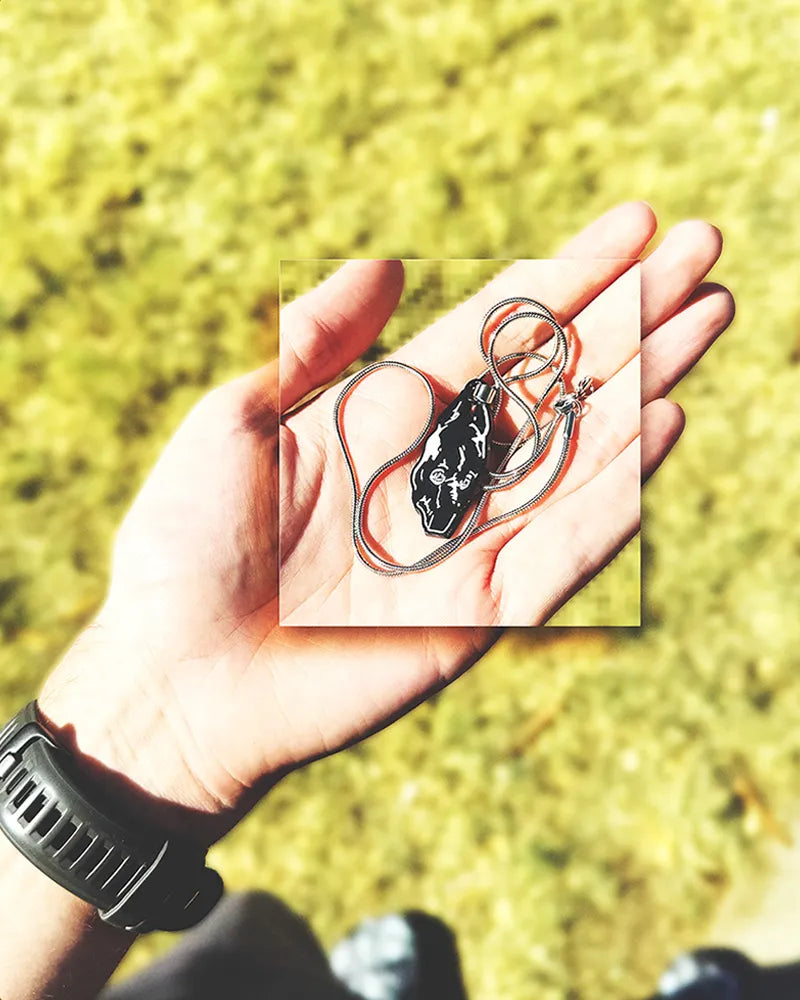 Man wearing a 1-inch enamel necklace inspired by Death Grips' Money Store