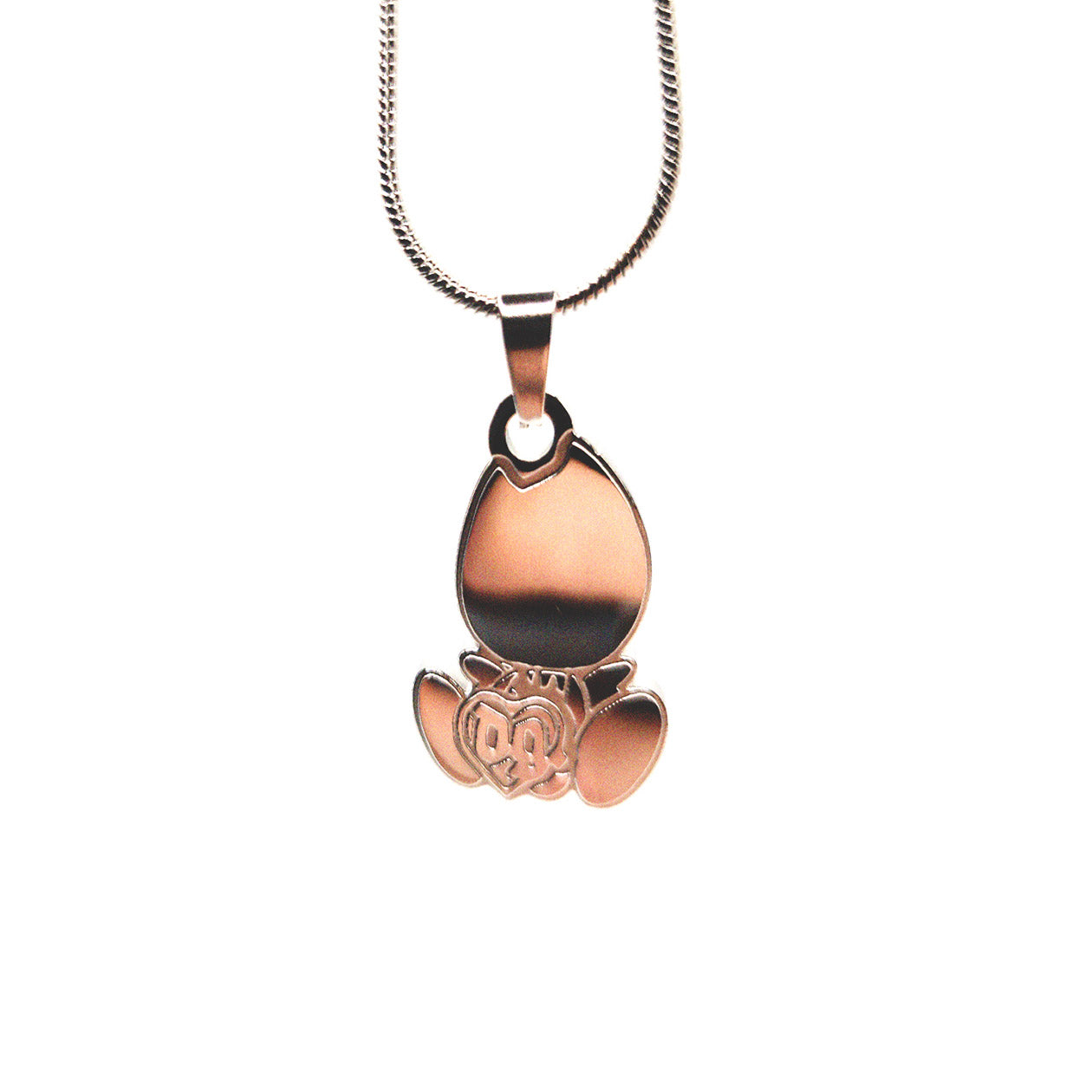 Close-up of polished stainless steel Drain Gang baby logo necklace pendant