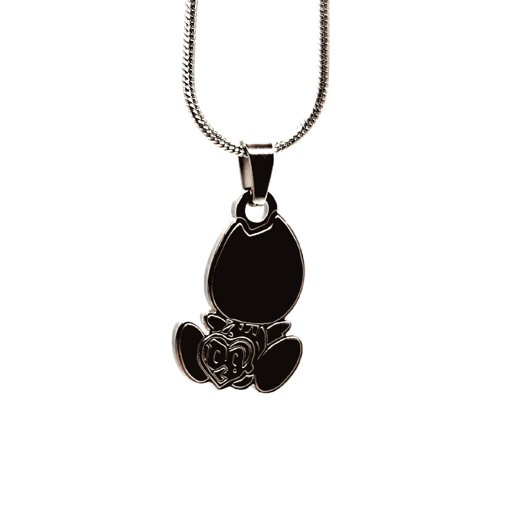 Stainless steel necklace featuring the Drain Gang baby logo pendant on a chain, white background