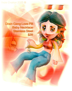 3D-rendered cartoon-style character holding a stainless steel Drain Gang Love Pill Baby Necklace, set against a warm, hazy background with layered red-orange tones and soft lighting. Text reads “Drain Gang Love Pill Baby Necklace Stainless Steel $28” and “Indie Ovation 2025®” in the top corner.