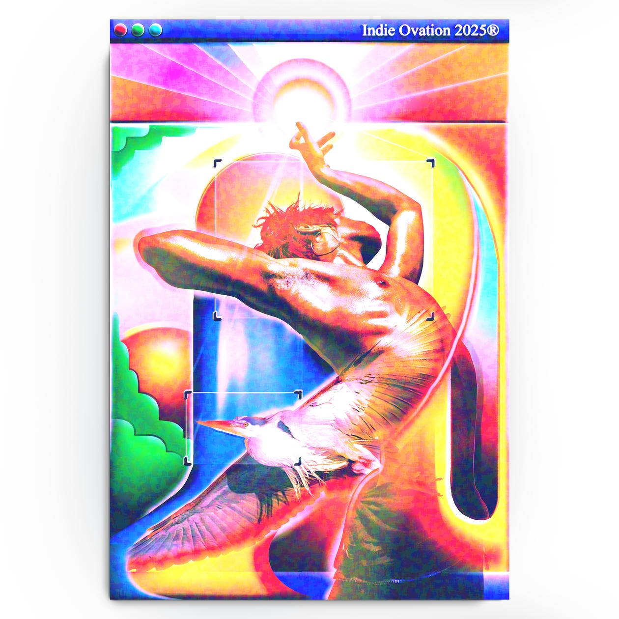 Ethereal digital collage titled ‘Archangel Aviary’ inspired by Ecco2k, featuring abstract wings, angelic light, and vibrant web-core textures printed on 13×19 matte archival paper.