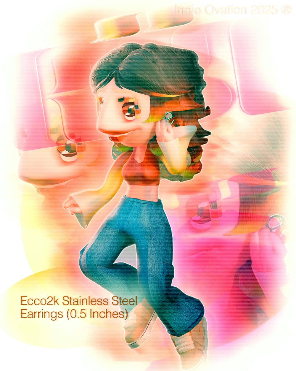 3D-rendered character holding and wearing 0.5-inch stainless steel Ecco2k logo earrings, posed mid-step against a dreamy, colorful pink and yellow backdrop with layered reflections. Text reads “Ecco2k Stainless Steel Earrings (0.5 Inches)” and “Indie Ovation 2025®” in the top corner.