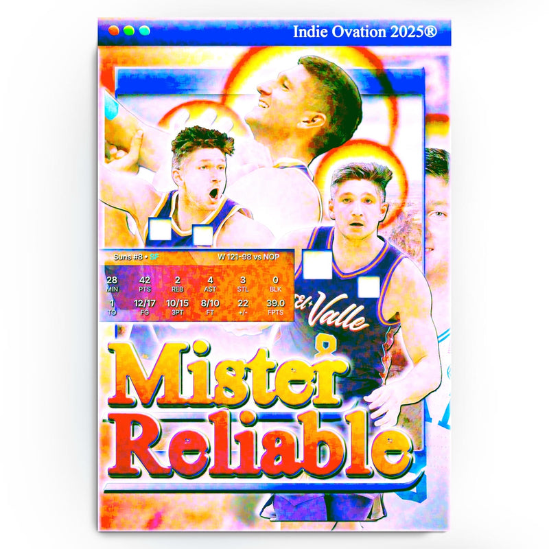 Stylized Grayson Allen Phoenix Suns poster with vibrant web-core colors, layered collage effects, stat graphics, and large “Mister Reliable” text in a retro digital style.