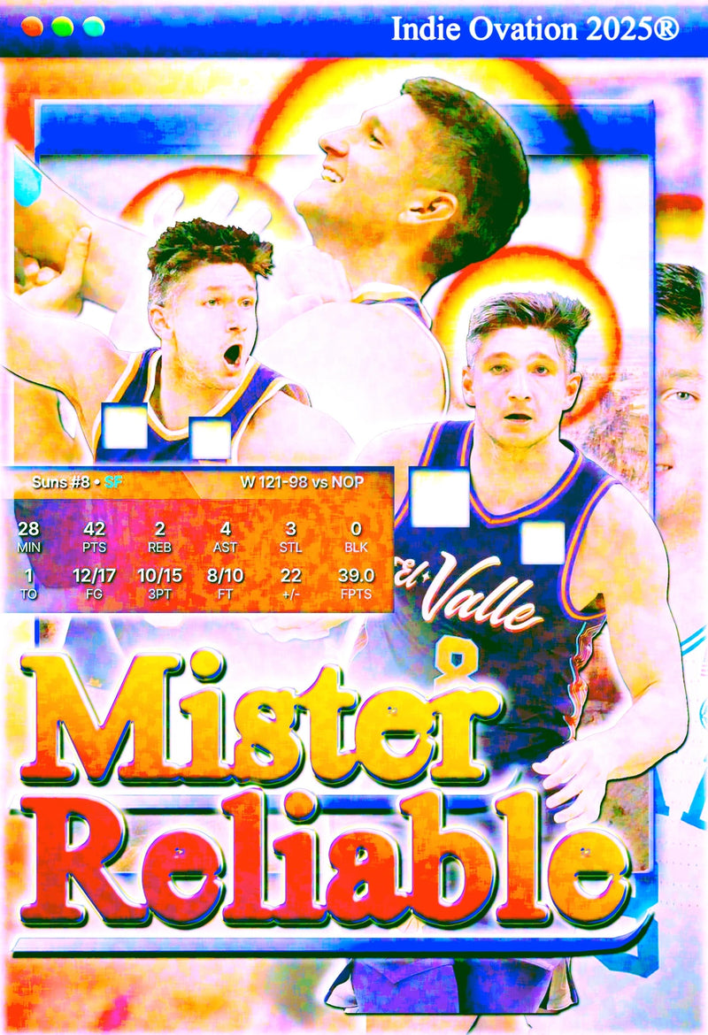 Stylized Grayson Allen Phoenix Suns poster with vibrant web-core colors, layered collage effects, stat graphics, and large “Mister Reliable” text in a retro digital style.