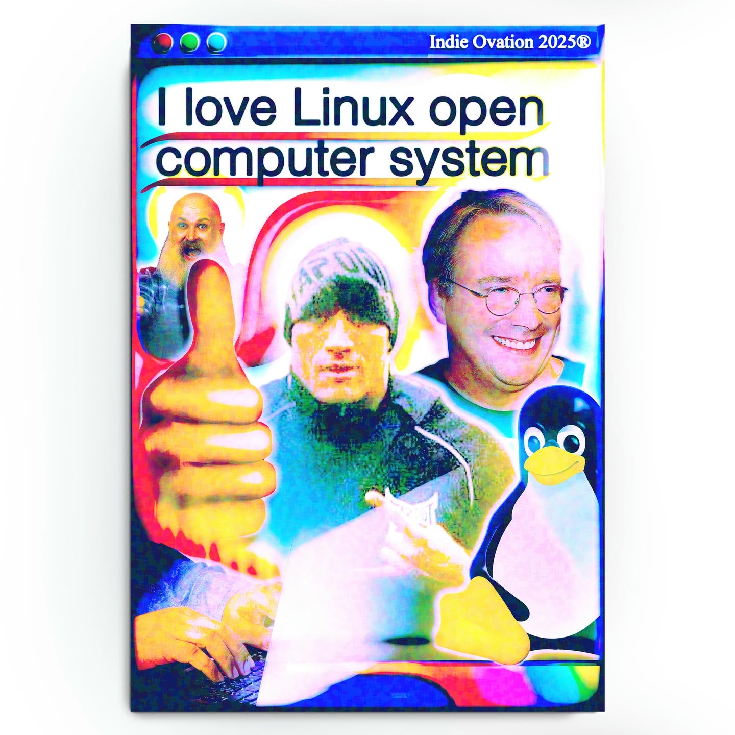 Vibrant, retro-meets-webcore poster celebrating open source and Linux culture. A bold collage of smiling pioneers, playful icons, and thumbs-up energy makes this a fun focal piece for desks, dev spaces, and living walls.