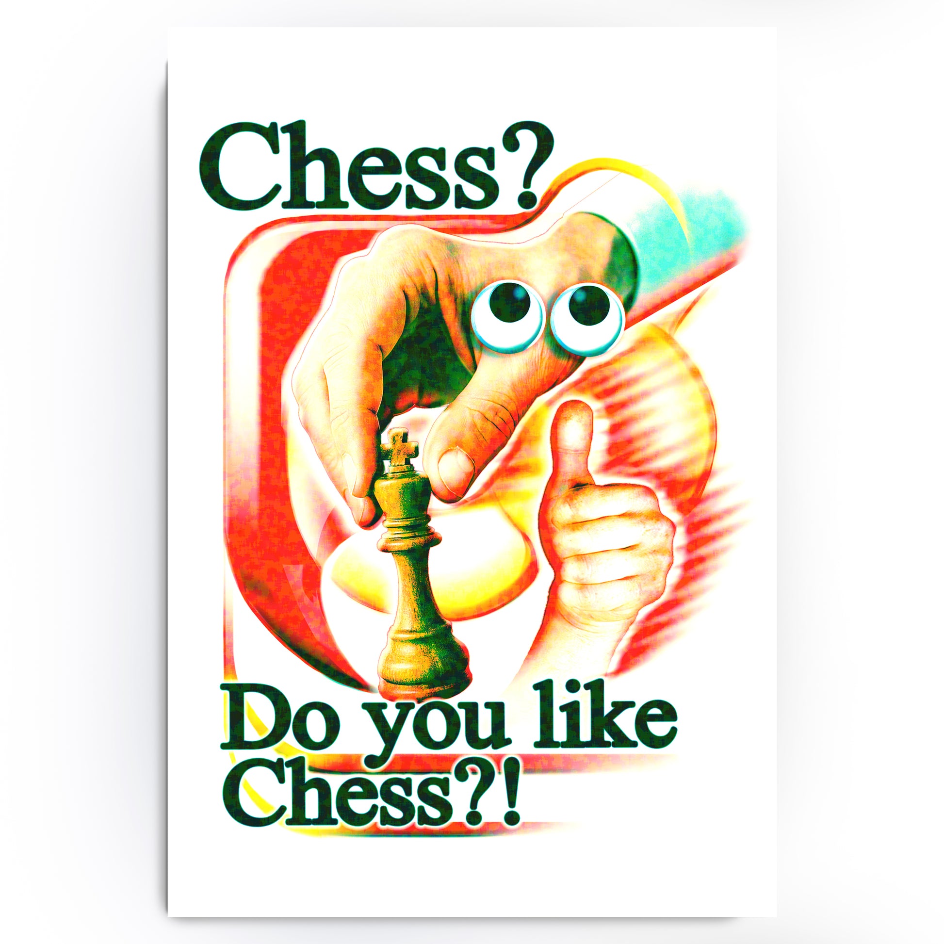 Cartoon character holding a chess piece with text asking 'Chess? Do you like Chess?!' on a colorful background.