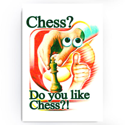 Cartoon character holding a chess piece with text asking 'Chess? Do you like Chess?!' on a colorful background.