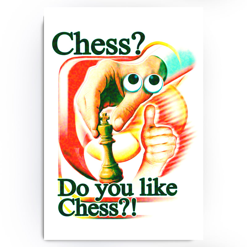Cartoon character holding a chess piece with text asking 'Chess? Do you like Chess?!' on a colorful background.