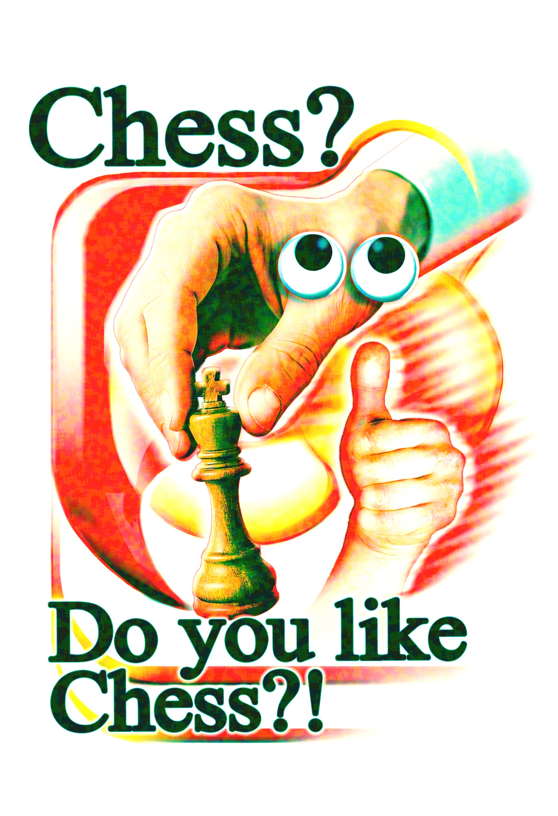Cartoon character holding a chess piece with text asking 'Chess? Do you like Chess?'