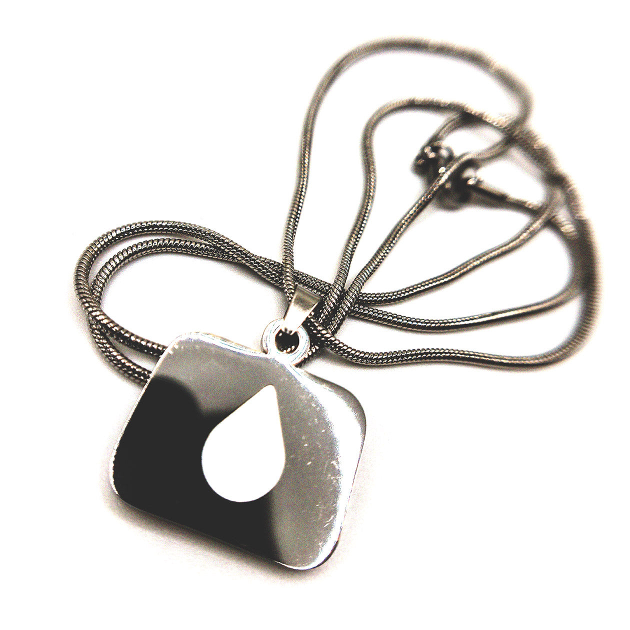 Minimalist stainless steel necklace with Severance-inspired teardrop logo pendant