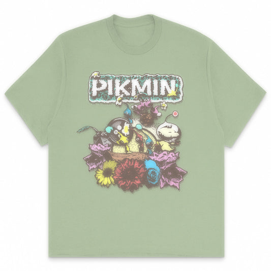 Pikmin t-shirt featuring stylized pixel design of Captain Olimar and Pikmin in Comfort Colors 100% cotton, made in the USA