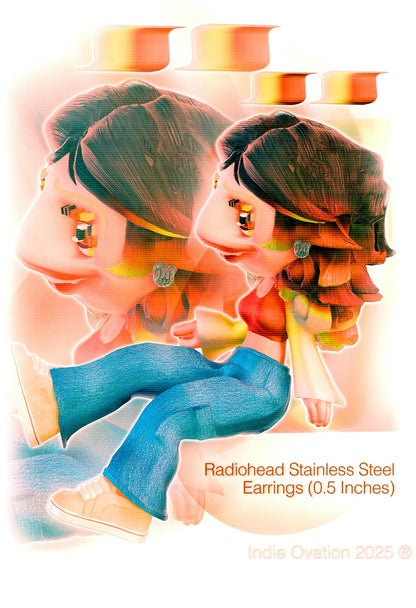 Stylized 3D-rendered character wearing 0.5-inch stainless steel Radiohead logo earrings, seated against a soft, dreamy backdrop with a double reflection. Text reads “Radiohead Stainless Steel Earrings (0.5 Inches)” and “Indie Ovation 2025®” in the corner.