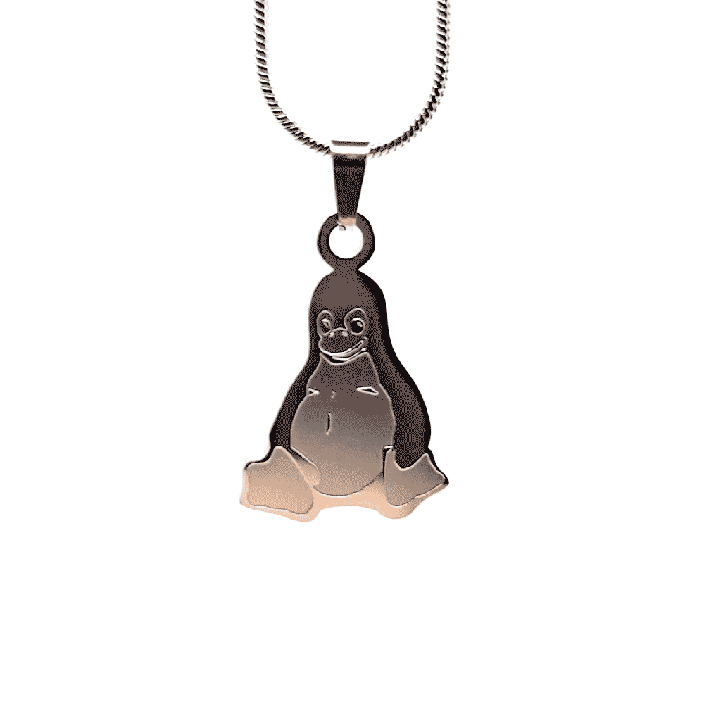 Stainless steel necklace with Tux the Linux penguin pendant on a chain, product photo on white background