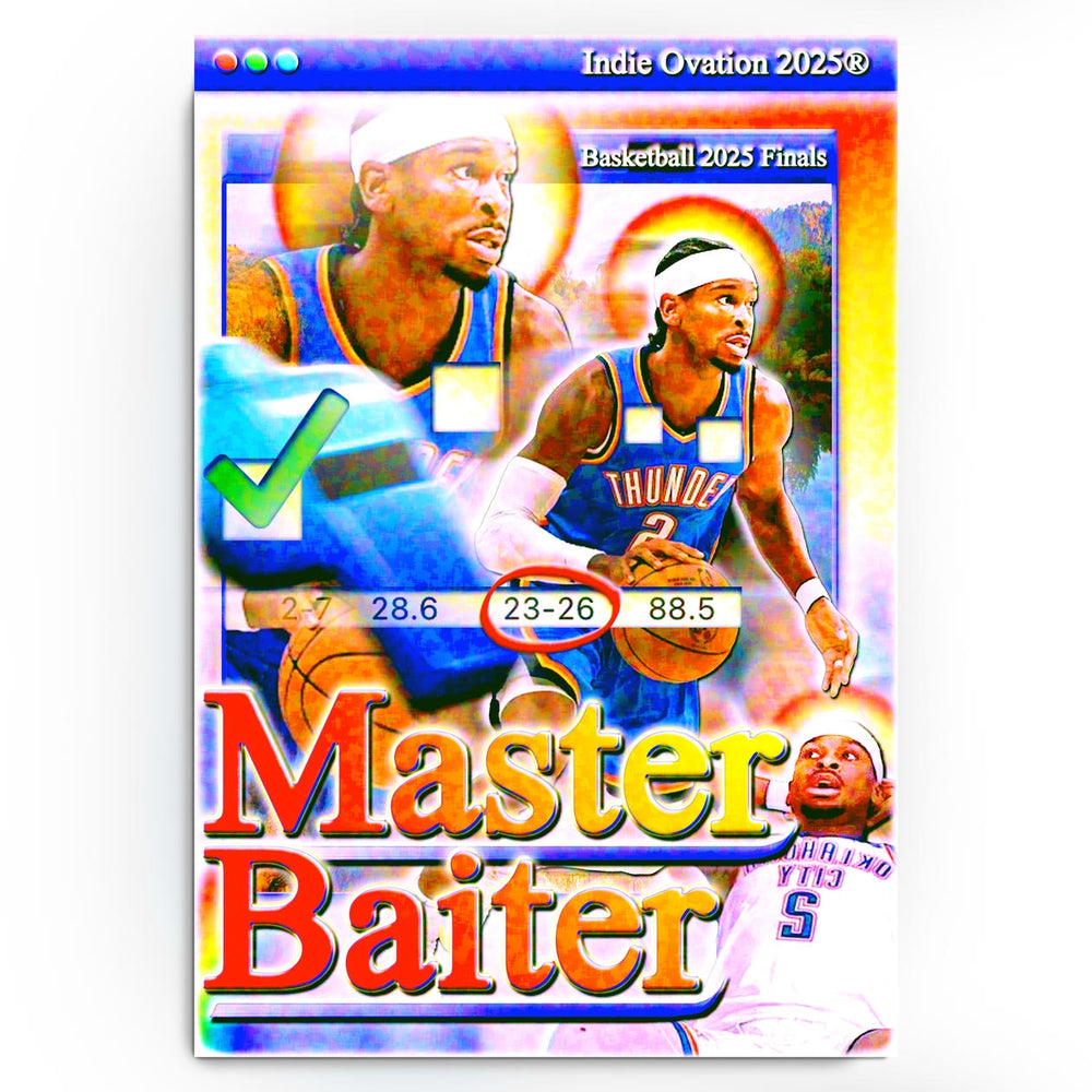 Stylized Shai Gilgeous-Alexander basketball poster with digital collage textures, motion effects, and web-core stat aesthetic featuring playful “Master Baiter” and “Free Throw Merchant” text.