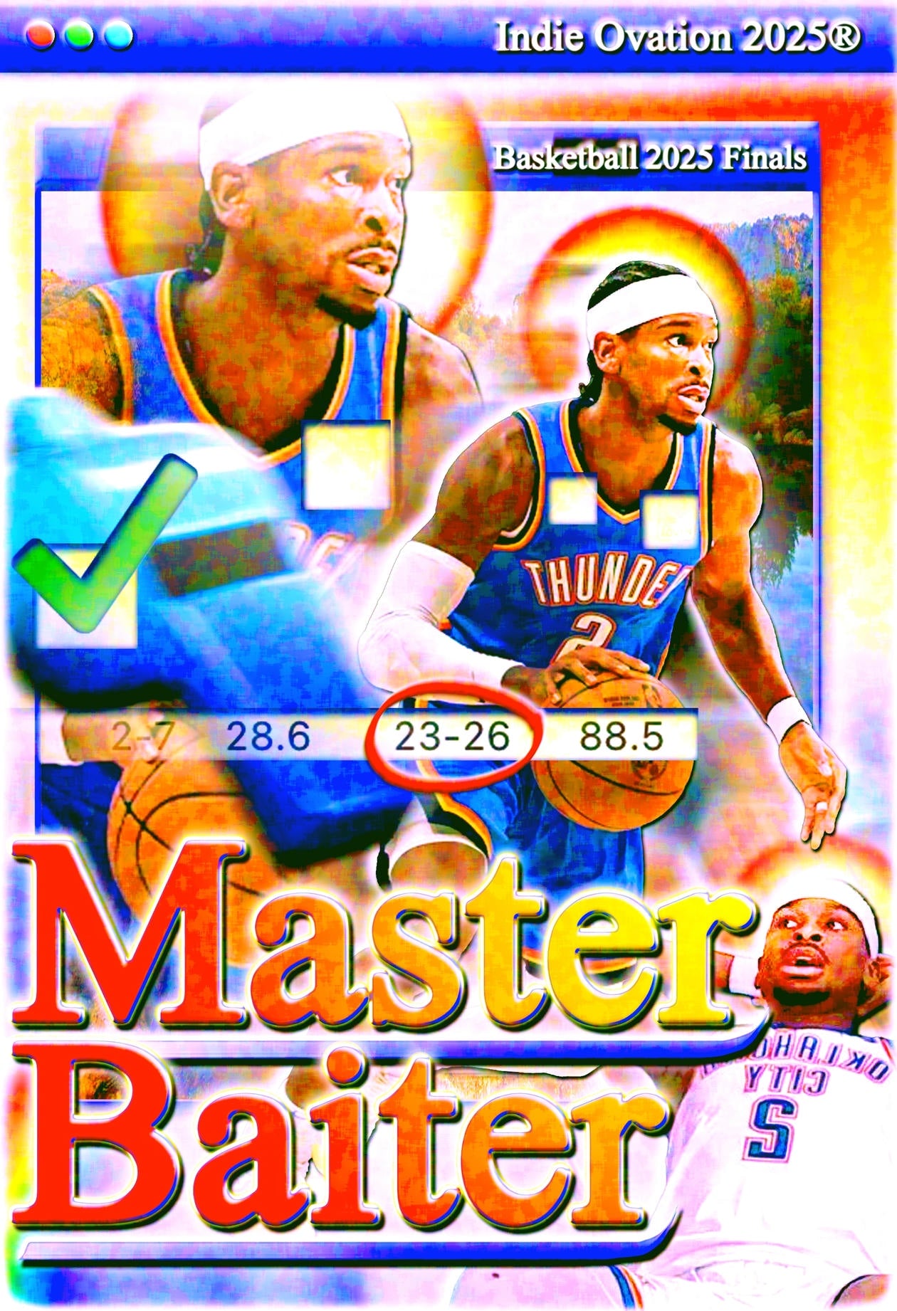 Stylized Shai Gilgeous-Alexander basketball poster with digital collage textures, motion effects, and web-core stat aesthetic featuring playful “Master Baiter” and “Free Throw Merchant” text.