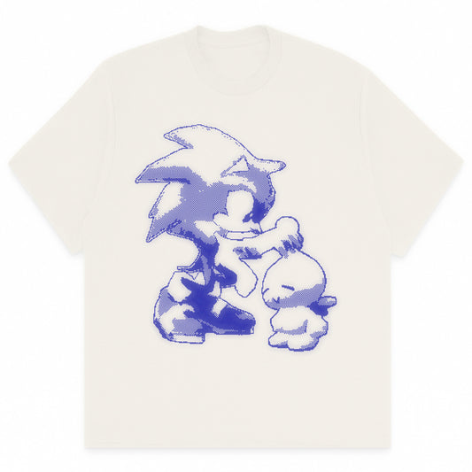 Sonic the Hedgehog Chao Garden t-shirt featuring stylized pixel art of Sonic petting a Chao in Comfort Colors 100% cotton, made in the USA