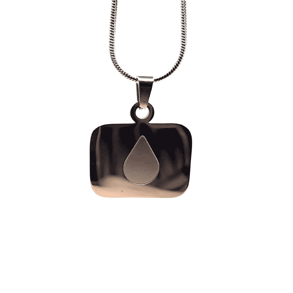Rotating stainless steel necklace featuring the Lumon tear logo from Severance on a rounded square pendant