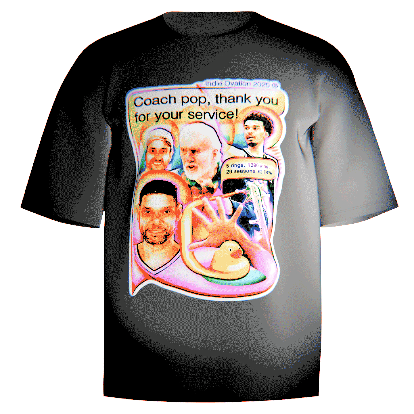 White and black Comfort Colors tees with a colorful collage of Coach Popovich, Tim Duncan, Manu Ginobili, and Victor Wembanyama, featuring a raised hand and rubber duck in a surreal, vintage-style tribute to the Spurs dynasty.