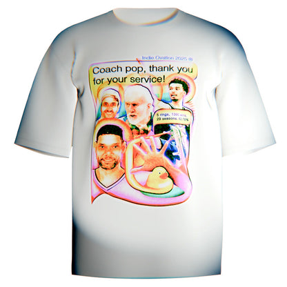 White and black Comfort Colors tees with a colorful collage of Coach Popovich, Tim Duncan, Manu Ginobili, and Victor Wembanyama, featuring a raised hand and rubber duck in a surreal, vintage-style tribute to the Spurs dynasty.